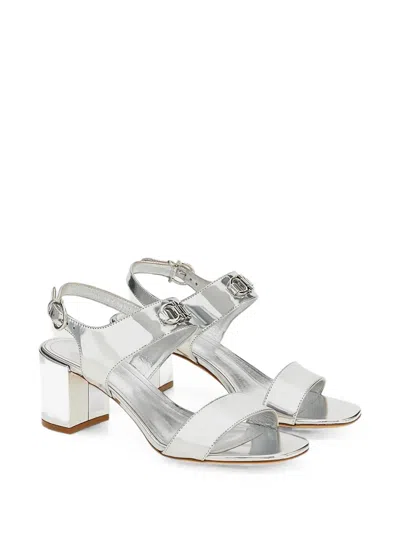 Ferragamo Gancini Metallic Leather Sandals In Silver