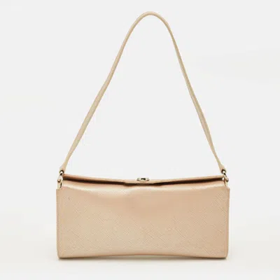 Ferragamo Gancini Metallic Pink Saffiano Leather Clutch Bag In Purple
