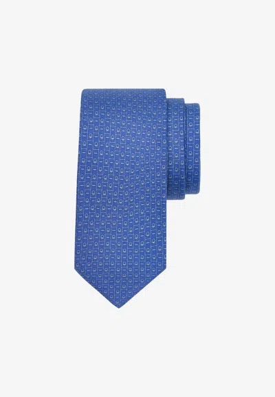 Ferragamo Gancini Monogram Print Silk Tie In Blue