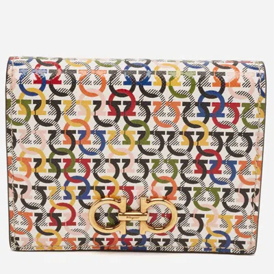 Ferragamo Gancini Multicolor Leather Compact Wallet In Animal Print