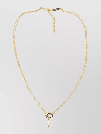 Ferragamo Gancini Necklace Double Chain Pearl Pendant In Gold