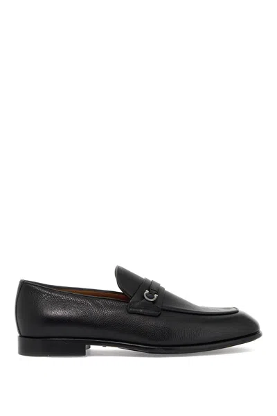 Ferragamo Salvatore  Hammered Leather Gancini Loafers Shoes In Black