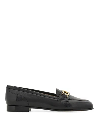 Ferragamo Goat Skin Leather Gold Bit Loafers In Black