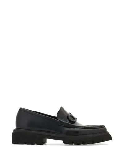 Ferragamo Tobia Black Loafers With Metal Gancini Detail On The Front And Raised Sole In Leather Man