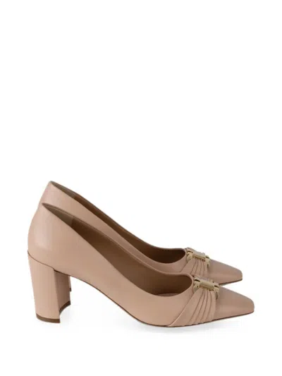 Ferragamo Gancini Ornament Pump With Bock Heel In Neutral