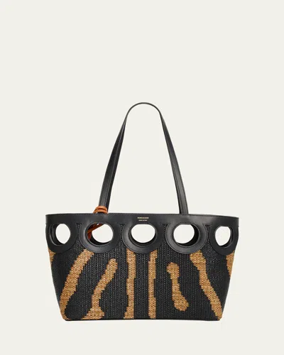 Ferragamo Gancini Outline Tote Bag In Raffia And Leather In Black