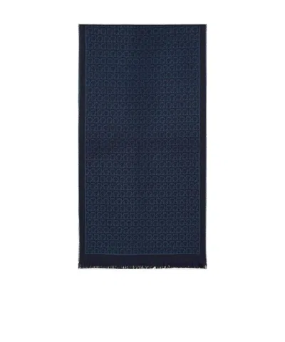 Ferragamo Gancini Pattern Frayed Scarf In Black