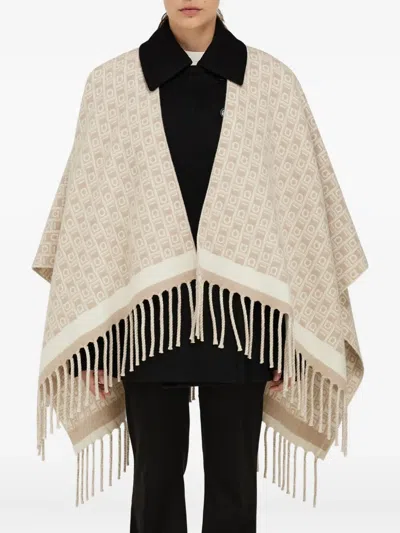 Ferragamo Gancini-pattern Fringed Cape In Neutral