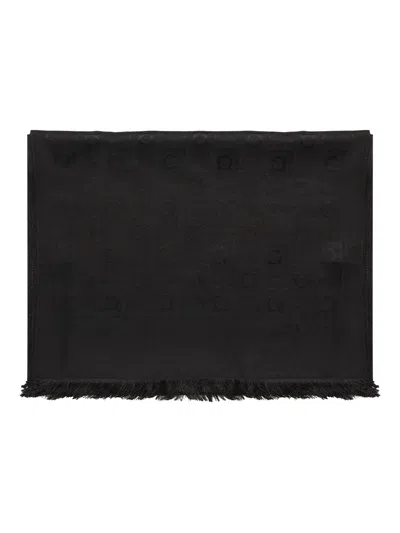 Ferragamo Gancini-pattern Fringed Scarf In Black