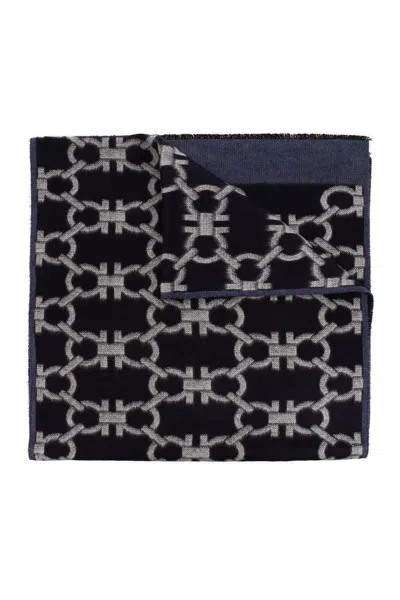 Ferragamo Blue And Grey Gancini Monogram Scarf