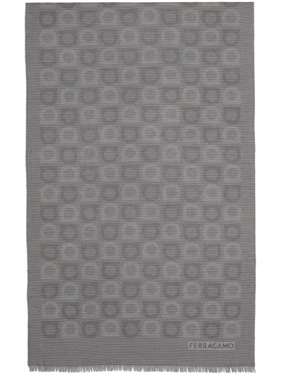 Ferragamo Man Gancini Pattern Scarf In Grey/camel