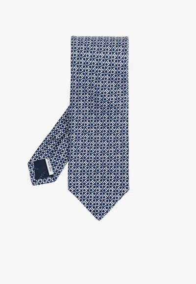 Ferragamo Gancini Silk Tie Geometric Pattern In Blue