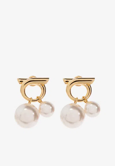 Ferragamo Gancini Pearl Drop Earrings In Gold