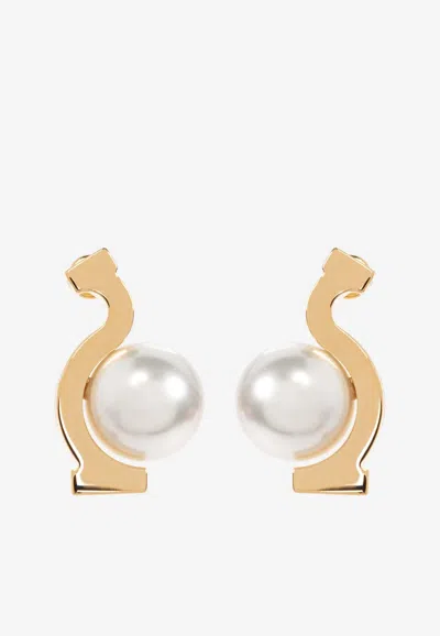 Ferragamo Gancini Pearl Earrings In Gold