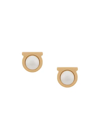 Ferragamo Pearl Stud Earrings With G Detail In Gold