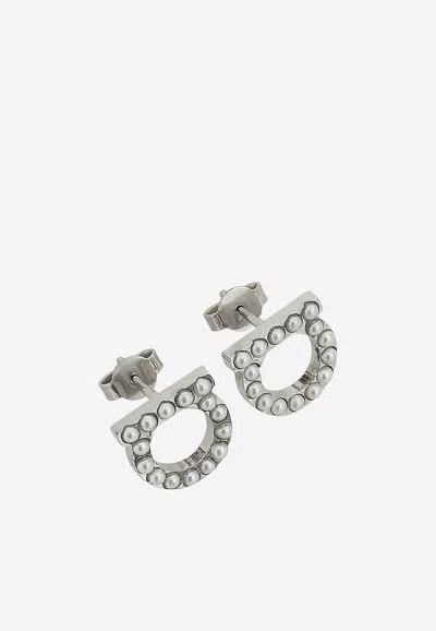 Ferragamo Gancini Pearl Embellished Earrings In Silver