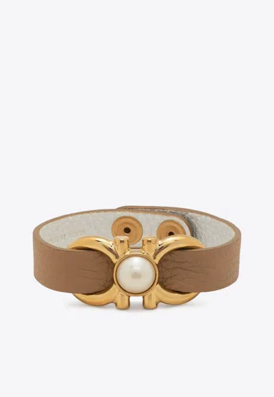Ferragamo Gancini Pearl Leather Bracelet In Brown