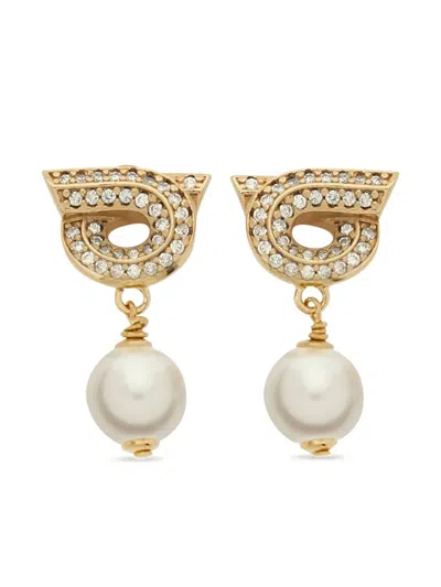 Ferragamo Crystal Embellished Gancini Pearl Drop Earrings In Gold