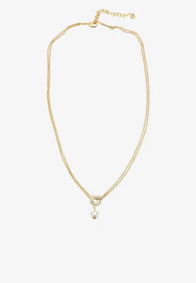 Ferragamo Gancini Pearl-pendant Necklace With Crystals In Gold