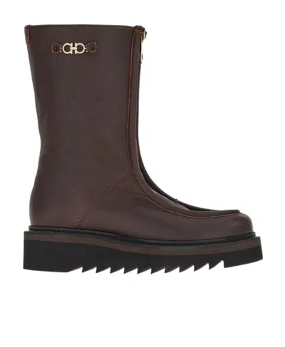 Ferragamo Gancini Plaque Ankle Boots In Brown