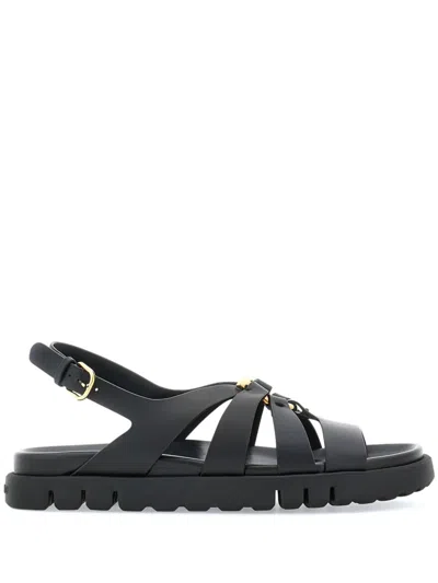 Ferragamo Gancini Ornament Flat Sandals In Black