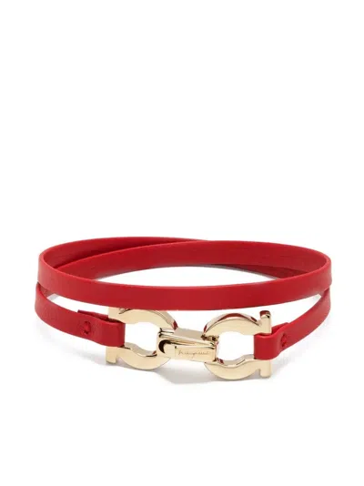 Ferragamo Gancini-plaque Leather Bracelet In Red