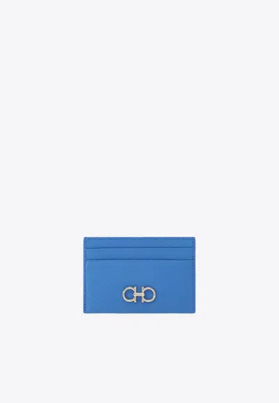 Ferragamo Gancini  Plaque Leather Cardholder In Blue