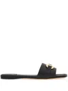 Ferragamo Leather Slides With Flat Sole And Gold-tone Hardware In Black