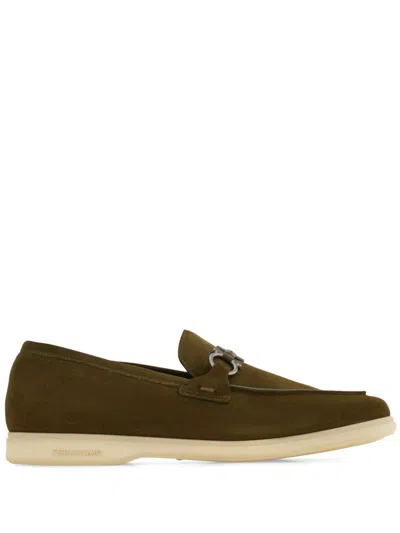 Ferragamo Gancini-plaque Suede Loafers In Green
