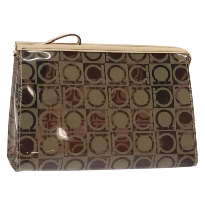 Pre-owned Ferragamo Gancini Pouch Canvas Vinyl Clutche & Pouche Bag () In Brown