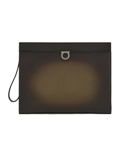 Ferragamo Gancini Hammered-leather Clutch Bag In Green