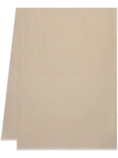 Ferragamo Gancini-print Frayed Scarf In Grey