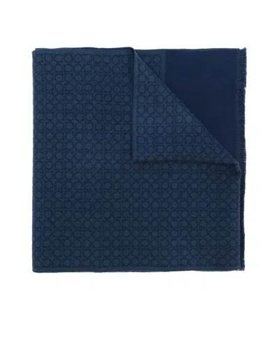 Ferragamo Gancini-print Fringe Scarf In Blue