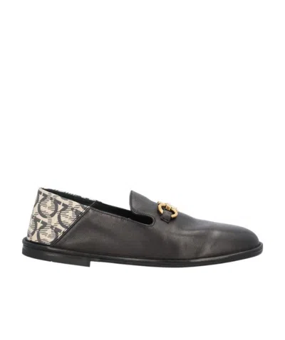 Ferragamo Gancini-print Panel Detail Loafers In Black