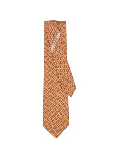Ferragamo Gancini Print Silk Tie In Brown