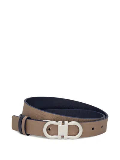 Ferragamo New Bisque And Black Leather Gancini Belt In Brown