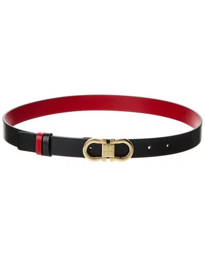 Ferragamo Reversible Leather Belt With Gold-tone Double Gancini Buckle In Black