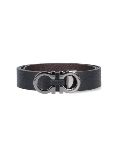 Ferragamo Adjustable Reversible Textured Belts In Grey