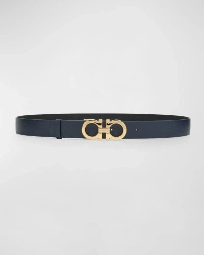 Ferragamo Gancini Reversible Black Leather & Brass Belt In Mirto Nero