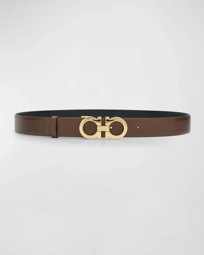 Ferragamo Gancini Reversible Brown Leather & Brass Belt In Cocoa Brown Nero