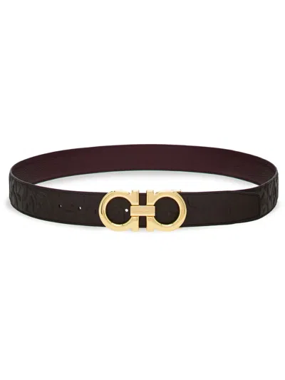 Ferragamo Gancini Reversible Calfskin Belt In Dark Brown/black