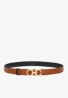 Ferragamo Gancini Reversible Grained Leather Belt In Cognac