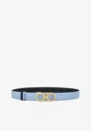 Ferragamo Gancini Reversible Grained Leather Belt In Sky Blue