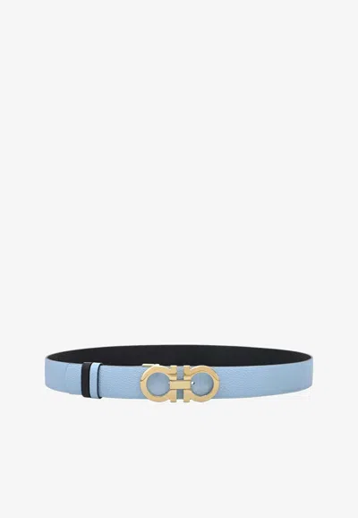 Ferragamo Gancini Reversible Grained Leather Belt In Sky Blue