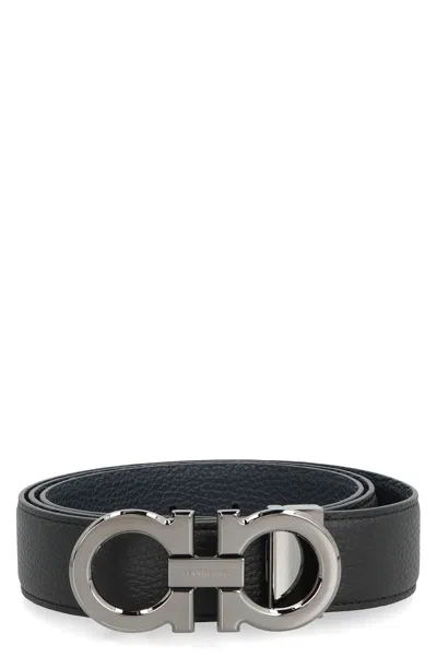 Ferragamo Gancini Reversible Leather Belt In Black/hickory