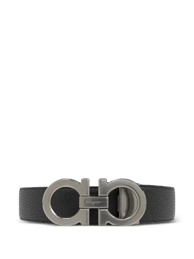 Ferragamo Double Gancini Reversible Leather Belt In Black