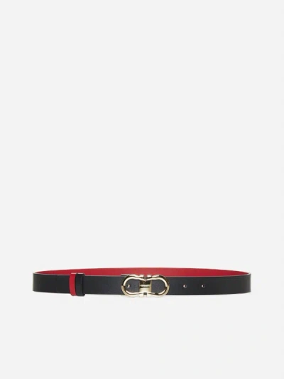Ferragamo Gancini Reversible Leather Belt In Black,flame Red