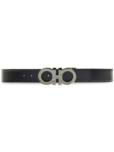 Ferragamo Gancini Reversible Leather Belt In Black/hickory