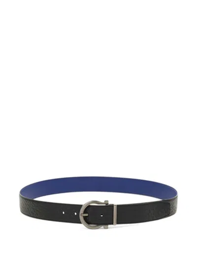 Ferragamo Gancini Reversible Pebbled-leather Belt In Black
