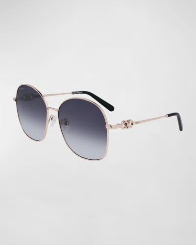 Ferragamo Gancini Rounded Oversized Square Metal Sunglasses In Rose Gold/grey Gradient